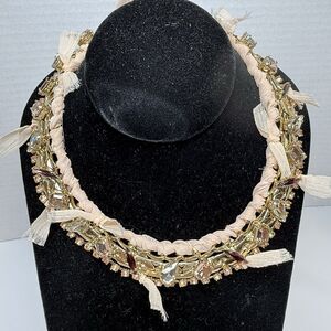 Banana Republic Gold Tone Chain Link Fabric Pastel Crystal Statement Necklace